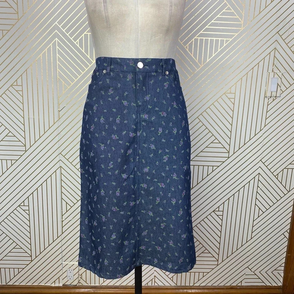 BETSEY JOHNSON Vintage Floral Denim Pencil Skirt in Blue Size US XS